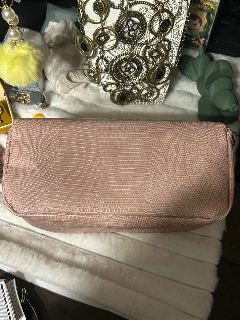 Vince Camuto Textured Blush Pink Cosmetic Case with Gold Hardware